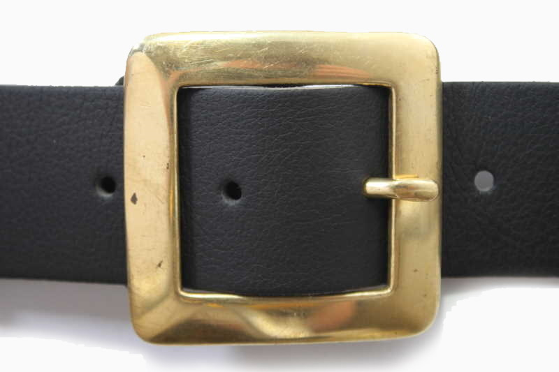 Belt Womens 38 Black Leather Gold Brass Square Buckle 2812 