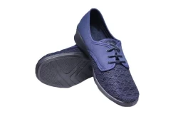 Vegan womens summer heel shoe with a dark blue lace-up top