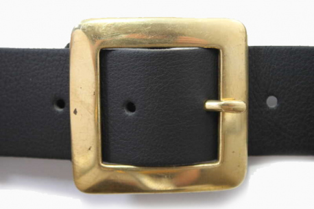 Vegan belt with a flat square brass buckle on a one and a half inch wide microfibre strap