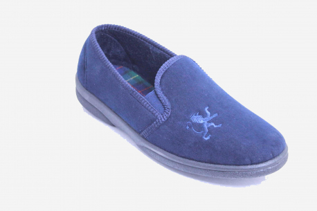 mens slipper, hard sole blue microfibre with an embroidered lion