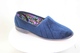 Blue slipper with a comfortable slightly soft footbed and foam rubber sole, under a velour top.